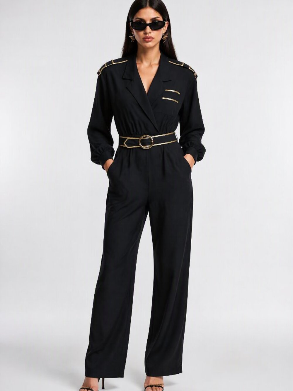 Vintage 80's black and gold military-inspired Jumpsuit pockets Epaulettes 8
